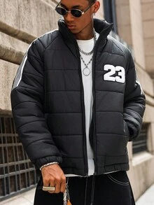 Major Grit Manfinity Streetrush Men's Warm Quilted Padded Winter Black Puffer Jacket,Black And White,Streetwear,Work Cropped Zip Up Coat With 23 Patterns Y2k - Black - View 3