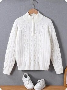 SHEIN 男童粗针织半拉链高领毛衣，休闲套头衫，适合居家、外出和聚会，秋冬，奶油白色 - 米色 - 查看 6