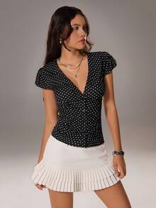 TRNVIE 女式休闲波尔卡圆点印花深V领纽扣衬衫