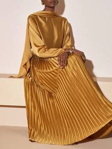 Zivah Early Autumn/Winter New Styles For Birthday Parties, Graduation Season, Daily Outings, Basic, Versatile, Casual Vacation, Cruise Travel, Internet Celebrities, Popular, Casual, Elegant, Commuting, Casual, Street Party, OL Style, Cross-Neck, Fluttered, Tie, Scarf Design, Long-Sleeved Loose Top + Pleated Skirt, Super Long Skirt, Brownish-Yellow Satin Shiny Woven Fabric Set, Women's Two Pieces Set -A - Brown - View 6