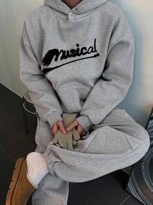 DAZY Men's Letter Print Thermal Lined Hoodie & Sweatpants Set, Elastic Waist, Autumn/Winter