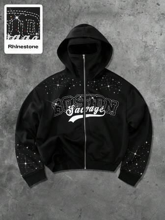Street Life 2 couches Sweat-shirt à capuche zippé à manches longues avec décoration de strass, pour l'automne
