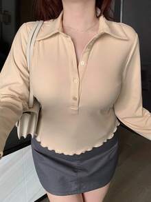 Dazy Plus Plus Size Women's Solid Color Polo Collar Half Placket Long Sleeve Fitted Crop Top T-Shirt