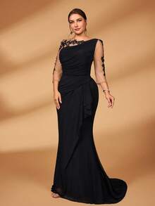 Serin Plus Size Elegant Luxurious Embroidered Lace Sheer Long Sleeve Elastic Knit Mesh Ruched Ruffle Mermaid Dress, Suitable For Weddings, Parties, Vacations, Galas, Mother Of The Bride Gown