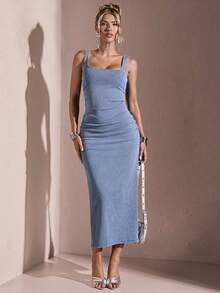 SHEIN BAE 女式方领褶皱侧开衩无袖修身牛仔连衣裙 - 淺色水洗藍 - 查看 2