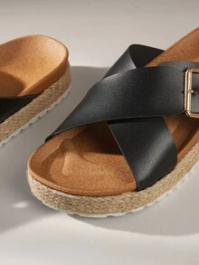 Solecia 女士草编圆头平底厚底休闲度假海滩派对下午茶一脚蹬凉鞋，杏色 - 黑色 - 查看 6