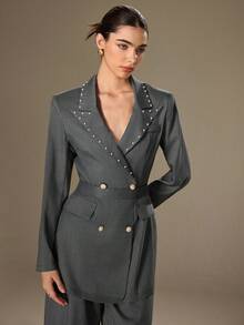 Modelyn 女士灰色缀饰泡泡领时尚通勤设计西装外套 - 深灰色 - 查看 4