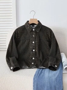 SHEIN 少女时尚休闲 Y2K 复古酷炫街头返校学院风宽松舒适豹纹牛仔翻领长袖外套柔软日常穿着秋冬派对居家街头风豹纹牛仔外套 - 彩色 - 查看 3