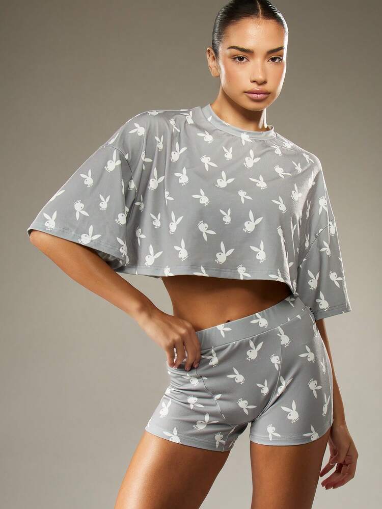 Missguided x Playboy Bunny Print Cropped Top And High Waist Shorts Set Loungewear Festival Summer Casual Streetwear Matching Set Lounge Coordinates