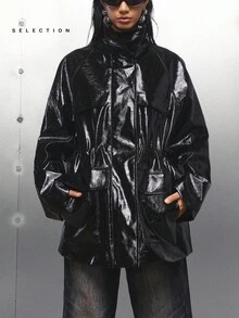 LYSMO Plus Size Glossy PU Punk Avant-Garde Casual Cinched Waist Pocket Jacket, Autumn/Winter - Black - View 9