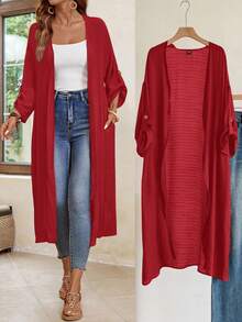 EMERY ROSE 大码女式休闲纯色卷袖口袋夹克 - 紅色 - 查看 7