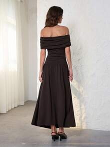 SHEIN Tall Đầm dài xếp ly cổ chữ A một bên vai cho nữ kèm chân váy lớn, thanh lịch và đa năng khi đi làm, phù hợp cho mùa thu đông - Cà phê nâu - Xem 2