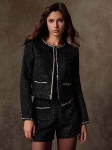 Lilora Women's Elegant 2 Pieces Set:Long Sleeve Cardigan With Ribbon Design And Shorts,Autumn,Formal,Black And Silver,Old Money Style,Vintage,Business,Chic - Black - View 4