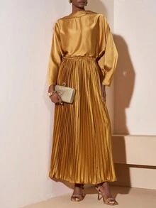 Zivah Early Autumn/Winter New Styles For Birthday Parties, Graduation Season, Daily Outings, Basic, Versatile, Casual Vacation, Cruise Travel, Internet Celebrities, Popular, Casual, Elegant, Commuting, Casual, Street Party, OL Style, Cross-Neck, Fluttered, Tie, Scarf Design, Long-Sleeved Loose Top + Pleated Skirt, Super Long Skirt, Brownish-Yellow Satin Shiny Woven Fabric Set, Women's Two Pieces Set -A - Brown - View 7