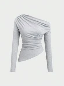 Sweetra 休闲纯色不对称长袖T恤 - 灰色 - 查看 1