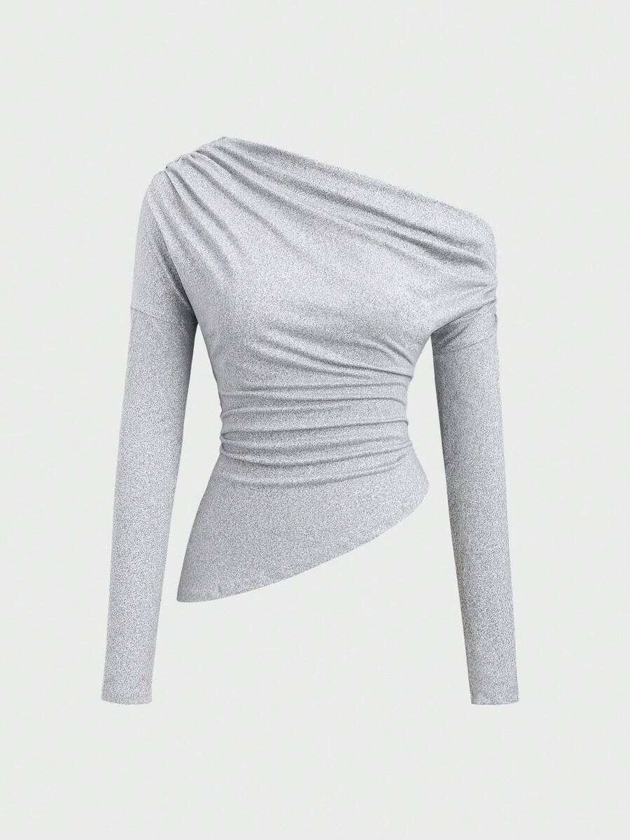 Sweetra 休闲纯色不对称长袖T恤 - 灰色 - 查看 1