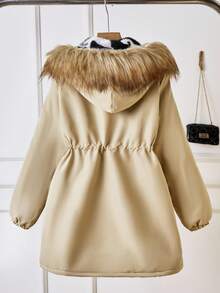 Tween Grey Camouflage Thermal Lined Zip-Up Waist Drawstring Hooded Jacket Fall Winter - Khaki - View 2