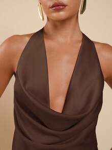 COSMINA Women's Sexy Solid Color Lace-Up Backless Halter Top, Summer - Coffee Brown - View 6