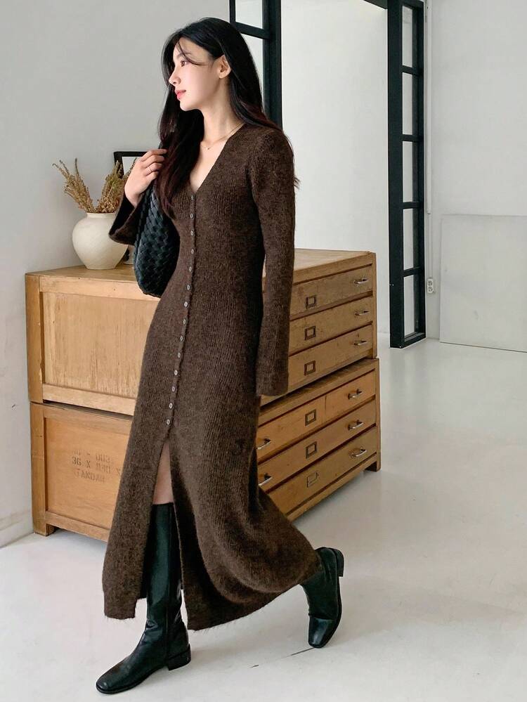 Women's V-Neck Long Fluffy Sweater Dress Fall/Winter