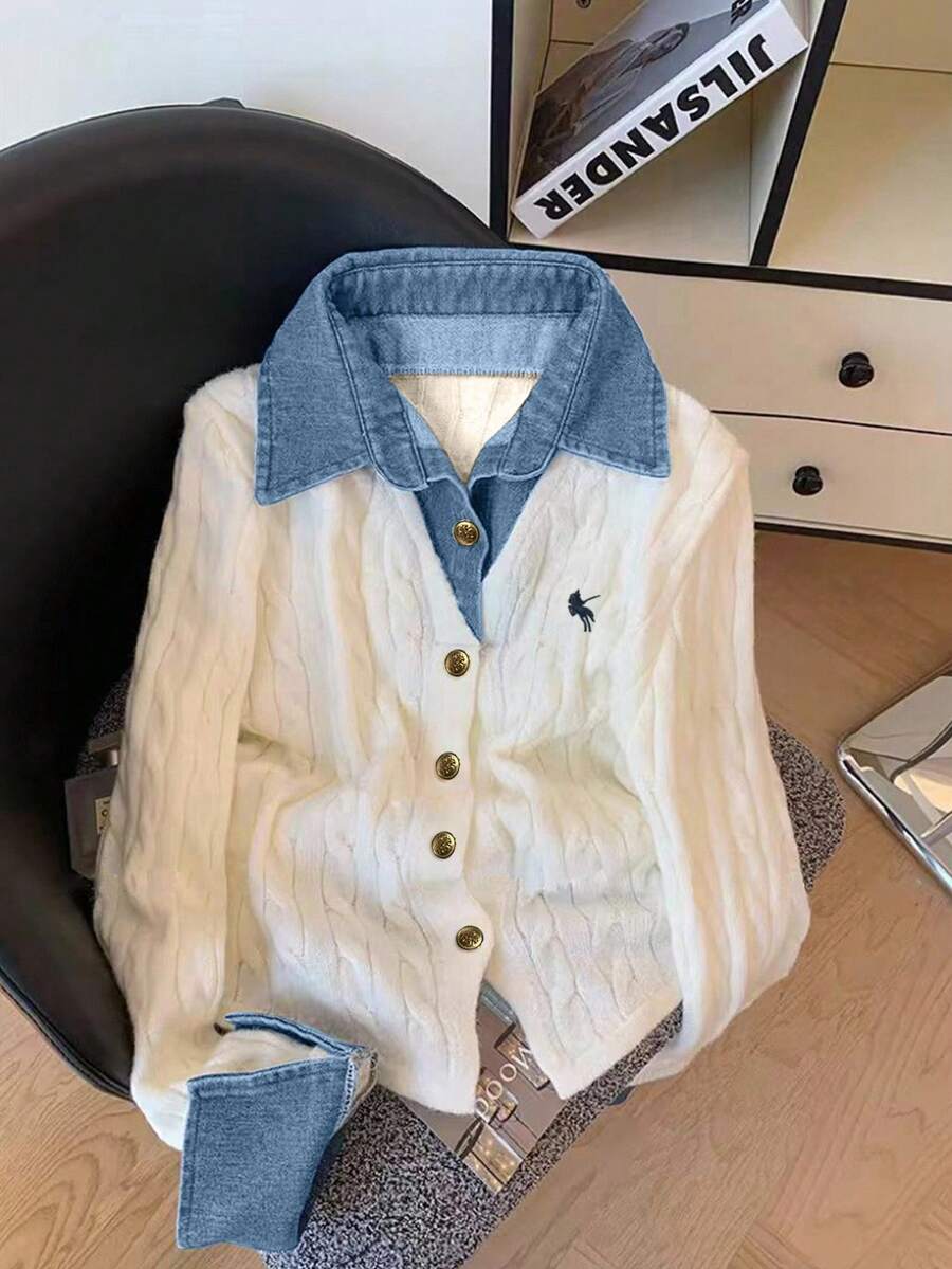 Franclia Women's Casual Color Block Patchwork Cardigan, Autumn - White - View 1