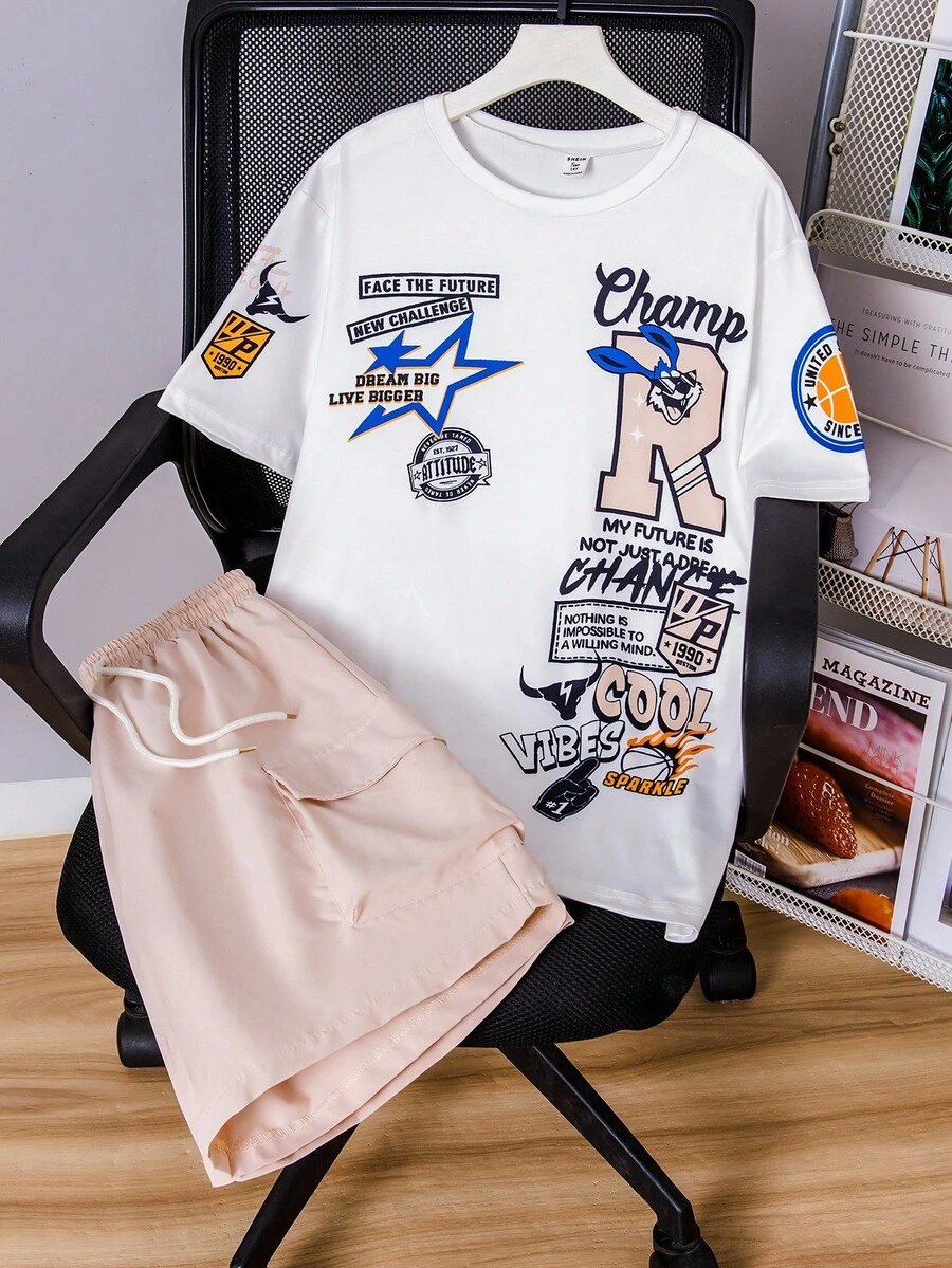 2件青少年男童休闲图案T恤和宽松工装短裤套装 - 彩色 - 查看 1