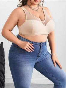 SHEIN CURVE+ Plus Size Solid Color Mesh Insert Wireless Curved Brasummer/Country/Beach Vacation Outfits/Beach Outfits/Beach Wear
