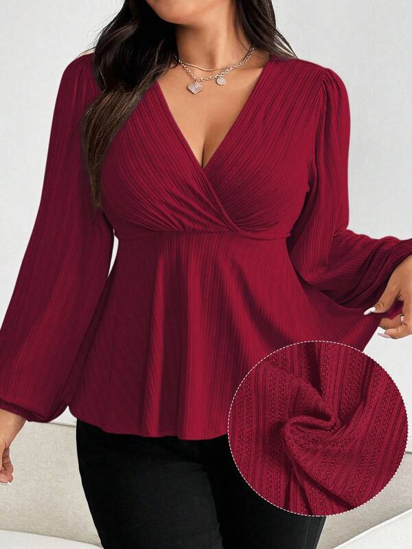 Vionelle Plus Size V-Neck Ruffle Puff Sleeve Long Sleeve Textured Knit Waist Hem Apricot Women Casual T-Shirt