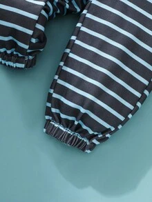 SHEIN 男婴秋季蓝色连帽衫套装，可爱简约线条狗图案 3D 匹配耳朵，条纹裤，日常休闲装 - 藍色 - 查看 5