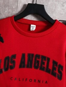 SHEIN 3pcs/Set Tween Boy Casual Street Letter Print Pattern Crew Neck Loose Knit Sweatshirt, Knit Pants, Quilted Padded Vest, Thick Sleeveless Woven Vest, Black 3-Piece Set Suitable For School, Garden, Beach, Birthday, Spring, Summer, Autumn, Winter - Red - View 5