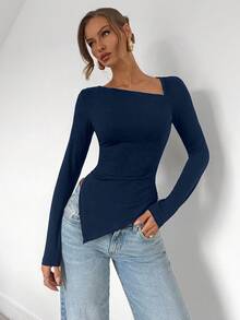 RosyDaze Camiseta de manga comprida com bainha assimétrica e cor sólida, moda minimalista para uso diário casual, blusa básica de manga comprida, blusa preta de manga comprida, blusa feminina de manga comprida, blusa preta de manga comprida