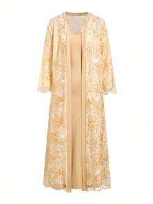 Ellevyn 金色蕾丝夹克和连衣裙优雅女士套装，适合派对、商务聚会 - 金色 - 查看 14