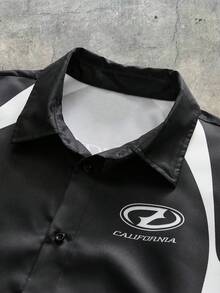 AXEPEAK 休闲街头宽松短款男士字母印花长袖衬衫 - 黑色 - 查看 3