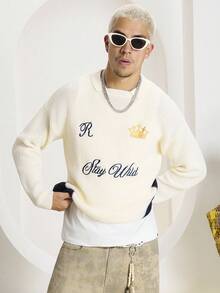 STEELVANCE Herren Pullover mit Buchstaben- und Kronen-Stickerei, Rundhalsausschnitt, Langarm, Herbst Winter - Weiss - Übersicht 5