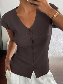 DAZY Cardigan casual femme de couleur unie à col V extensible, pull fin ajusté pour l'automne - Marron - Voir 5