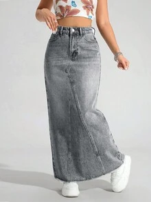 SHEIN ICON 大码女式复古水洗牛仔裙，秋冬 - 淺灰色 - 查看 4