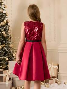 Abito elegante da ragazza con paillettes senza maniche, adatto per Natale, vestito da damigella per matrimonio, festa di compleanno, celebrazione festiva, esibizione - Rosso - Visualizzare 2