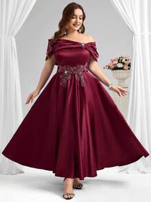 Coutiva Elegante vestido de bola de satén con hombros caídos, cuello asimétrico con diseño de aplicaciones y vuelo amplio, adecuado para fiesta de cumpleaños, ceremonia de graduación, invitado de boda, fiesta de regreso a clases