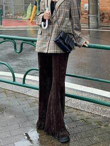 Dazy Tall 女士高挑/长款花卉蕾丝下摆松紧腰优雅丝绒休闲裤 - 鏽棕色 - 查看 6