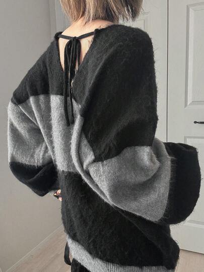 FRIFUL 女款寬鬆黑白條紋對比色露背蝴蝶結加厚保暖毛衣，日常秋季街頭風校園穿搭