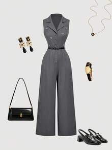 SHEIN MOD 水钻装饰衣领和腰带长款灰色连体裤 - 灰色 - 查看 1