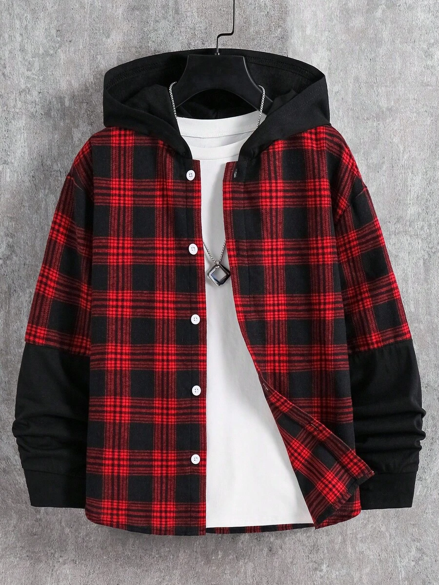 SHEIN Camisa con capucha de cuadros escoceses y parches para niño preadolescente, adecuada para ir y venir, la escuela, uso casual, deportes, otoño/invierno - Rojo - Ver 1