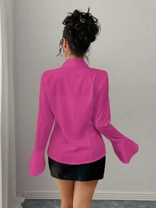 Chiquease Camisa blanca a rayas con mangas acampanadas y cintura ceñida, elegante y versátil para uso diario, para mujer, otoño/invierno - Rosa Fucsia - Ver 2