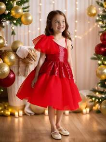 Glamorique Kids Young Girl Red Sequin Mesh Tulle Party Dress, Suitable For Parties, Gatherings And Various Occasions, Luxurious, Elegant,Christmas Dress Fall Winter - Red - View 1