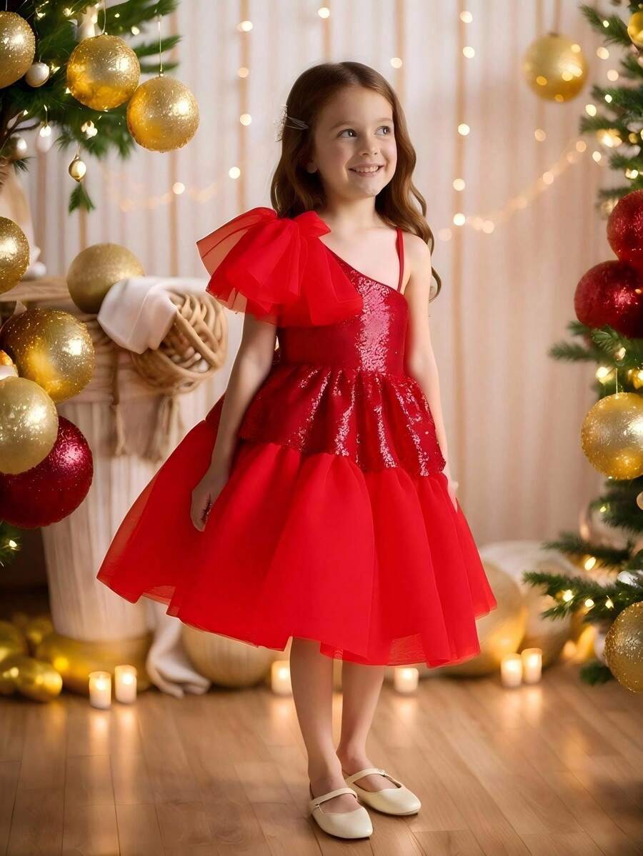 Glamorique Kids Young Girl Red Sequin Mesh Tulle Party Dress, Suitable For Parties, Gatherings And Various Occasions, Luxurious, Elegant,Christmas Dress Fall Winter - Red - View 1