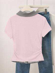 INAWLY 女士拼布简约日常短袖T恤