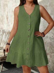 SHEIN PETITE Váy vải họa tiết không tay cổ chữ V cỡ lớn - màu xanh lá - Xem 6