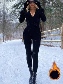 Islaluna European And American Fashion Casual Front Center Zipper Hooded Thickened Autumn And Winter Long-Sleeved Women's Elegant Black Jumpsuit New Year Jumpsuit