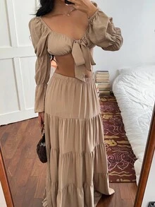 Sunnyshic Khaki,Autumn,Boho,Vacation,Holiday Women 2 Pieces Outfit Square Neck Backless Lantern Sleeve Crop Top And Layered Ruffle Patchwork Long Skirt Set - Khaki - View 1