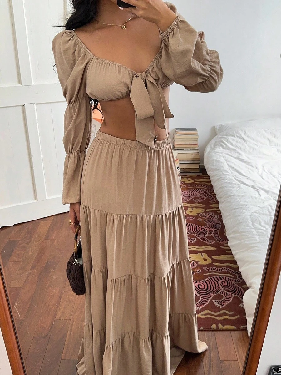 Sunnyshic Khaki,Autumn,Boho,Vacation,Holiday Women 2 Pieces Outfit Square Neck Backless Lantern Sleeve Crop Top And Layered Ruffle Patchwork Long Skirt Set - Khaki - View 1