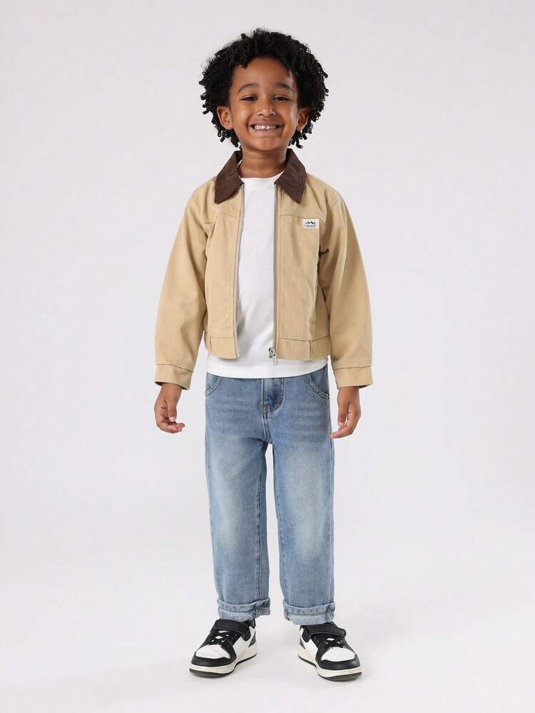 Cotton Canvas Utility Jacket With Corduroy Collar And Zip Front